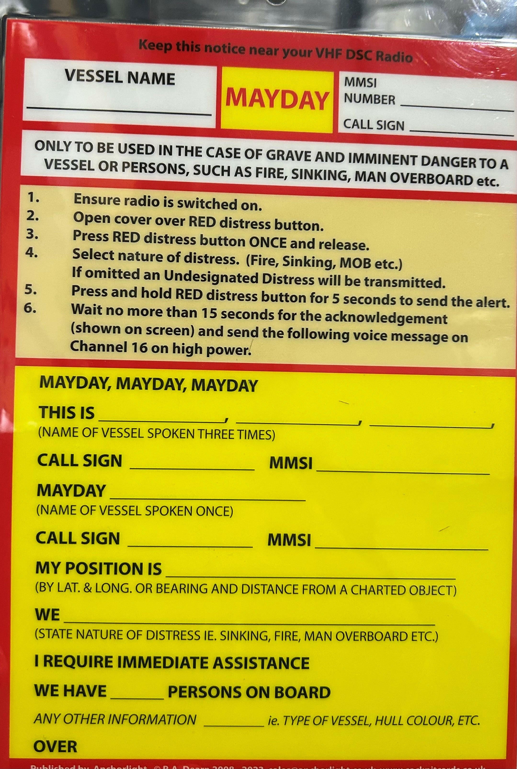 Mayday Procedure Card.