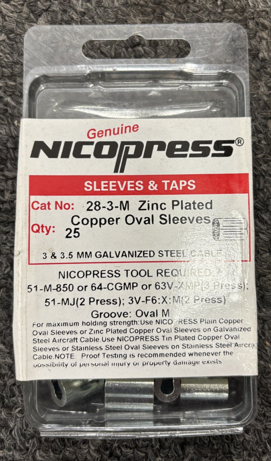 Nicopress Zinc Plated Copper Oval Sleeve for 1/8 Inch, 3mm - 3.5mm (Pack of 25).