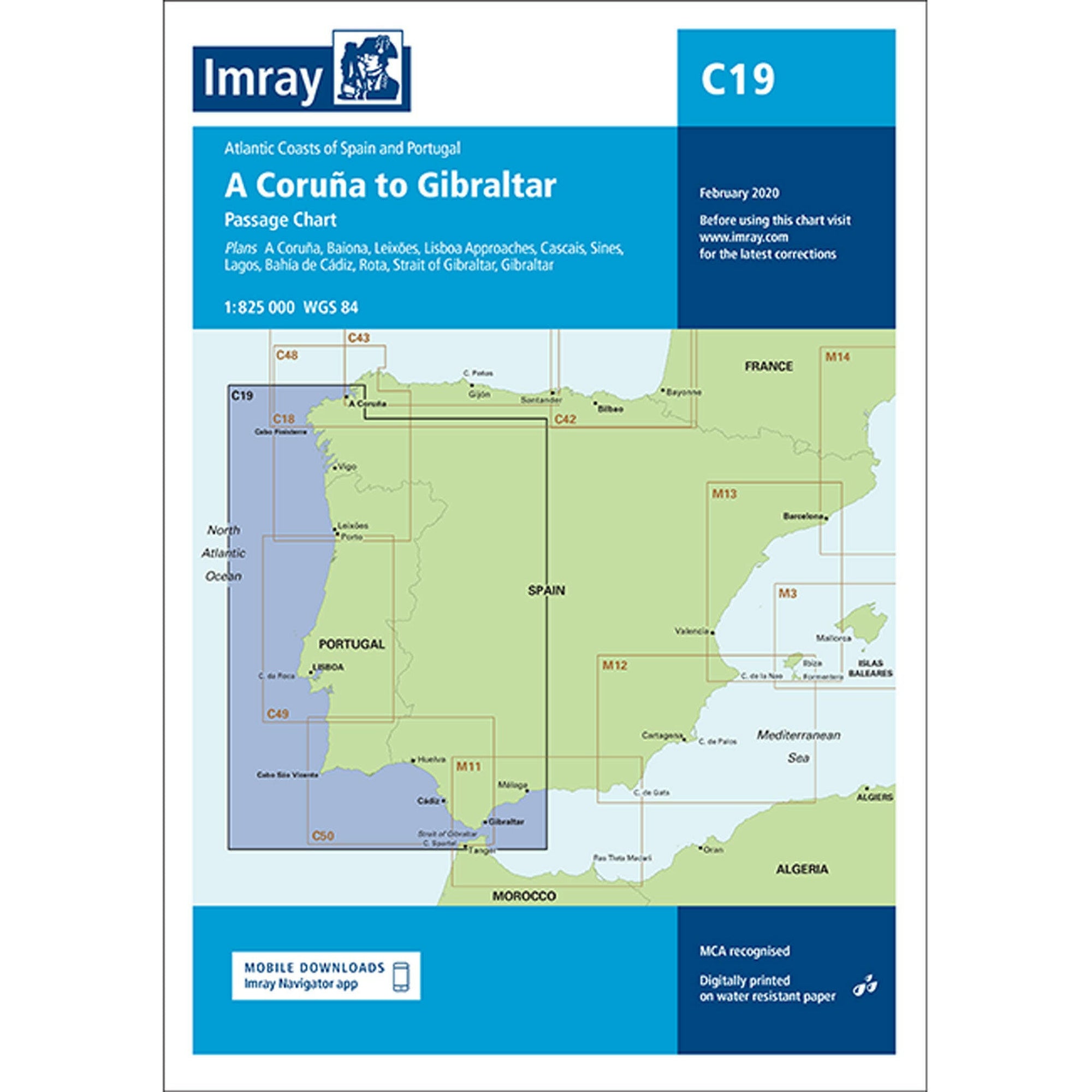 Imray Chart C19 A Coruña to Gibraltar Scale 1:825 000 WGS 84.
