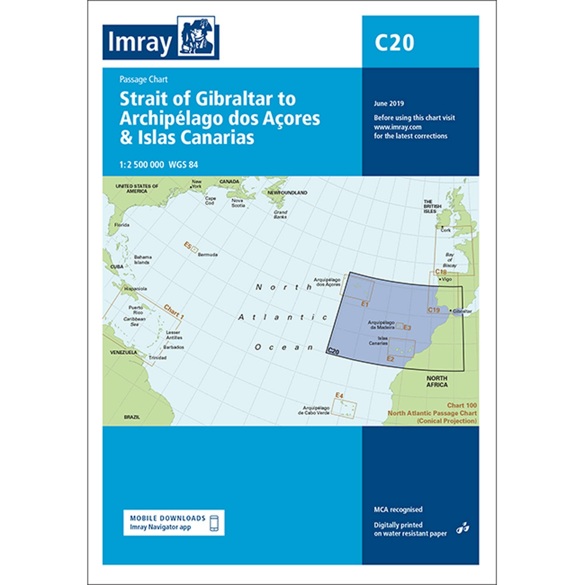 Imray Chart C20 Strait of Gibraltar to Arquipelago dos Açores and Islas Canaries Scale 1: 2 500 000 WGS 84.