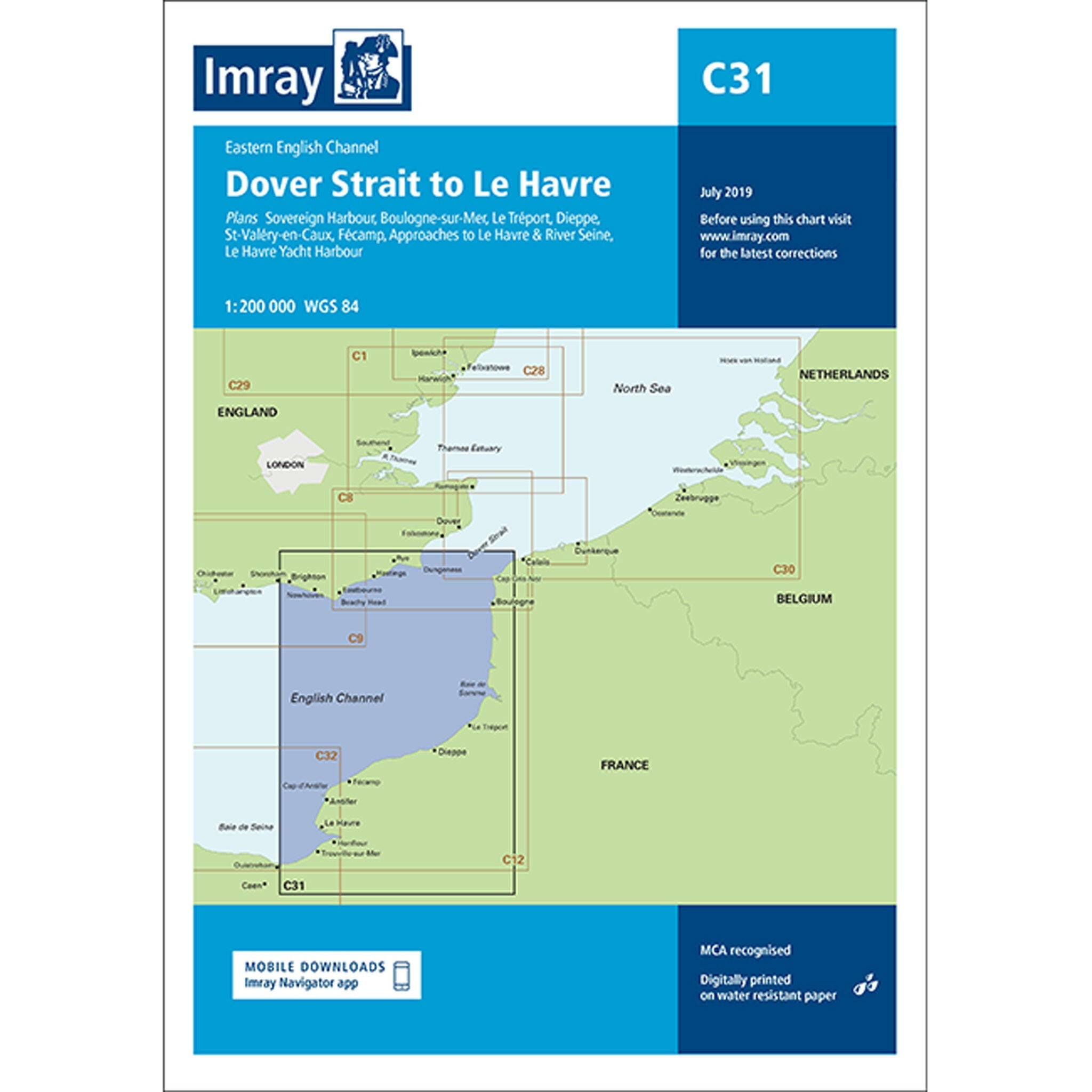 Imray Chart C31 Dover Strait to Le Havre Scale 1:200 000 WGS84.