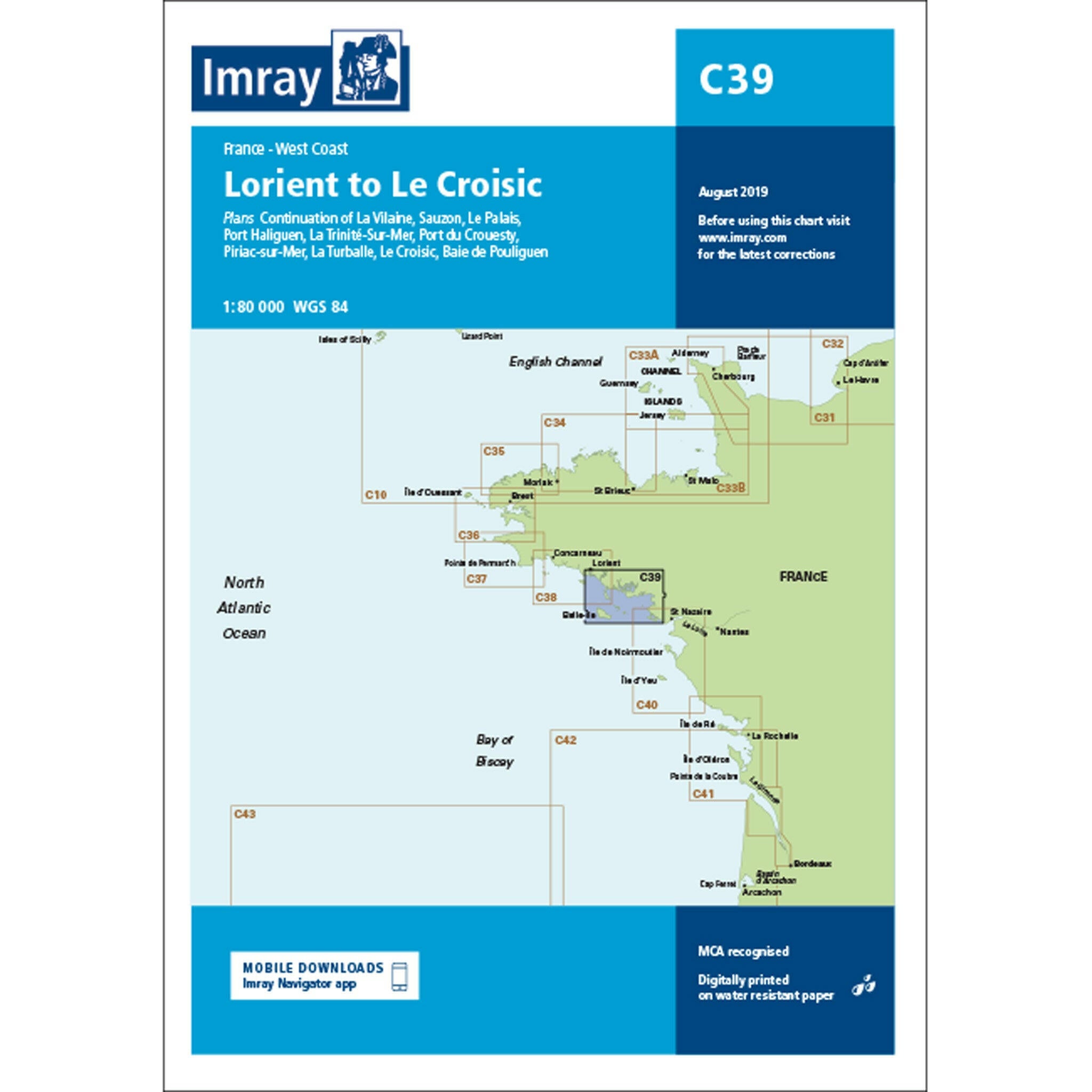 Imray Chart C39 Lorient to Le Croisic Scale 1:80 000 WGS84.