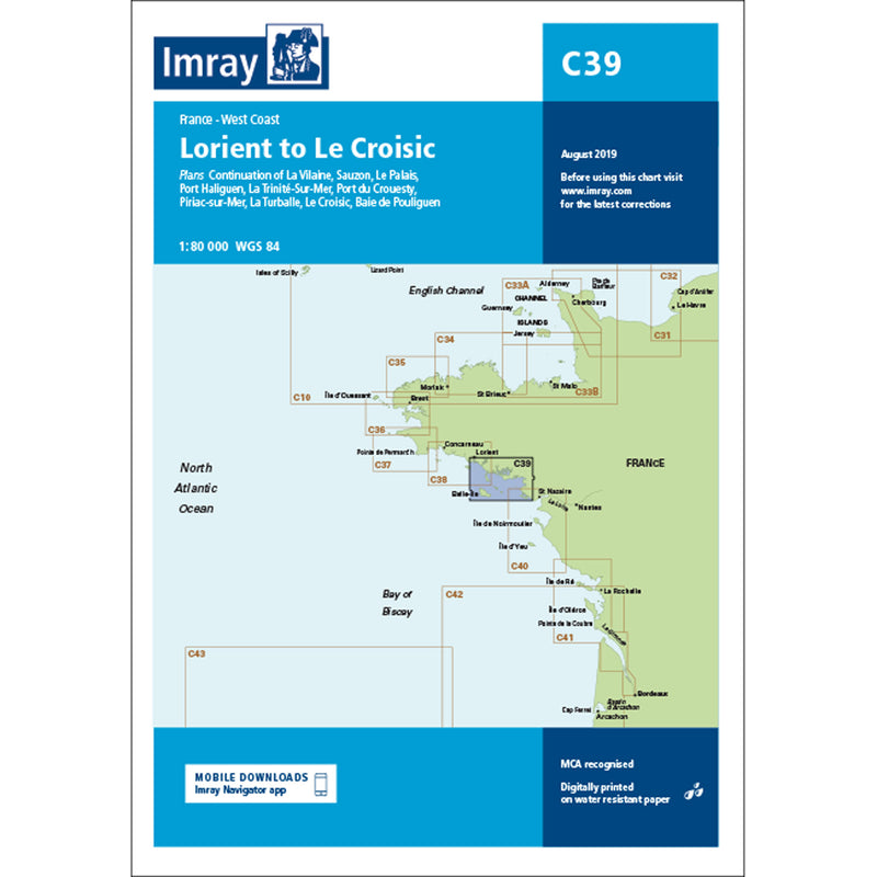 Imray Chart C39 Lorient to Le Croisic Scale 1:80 000 WGS84