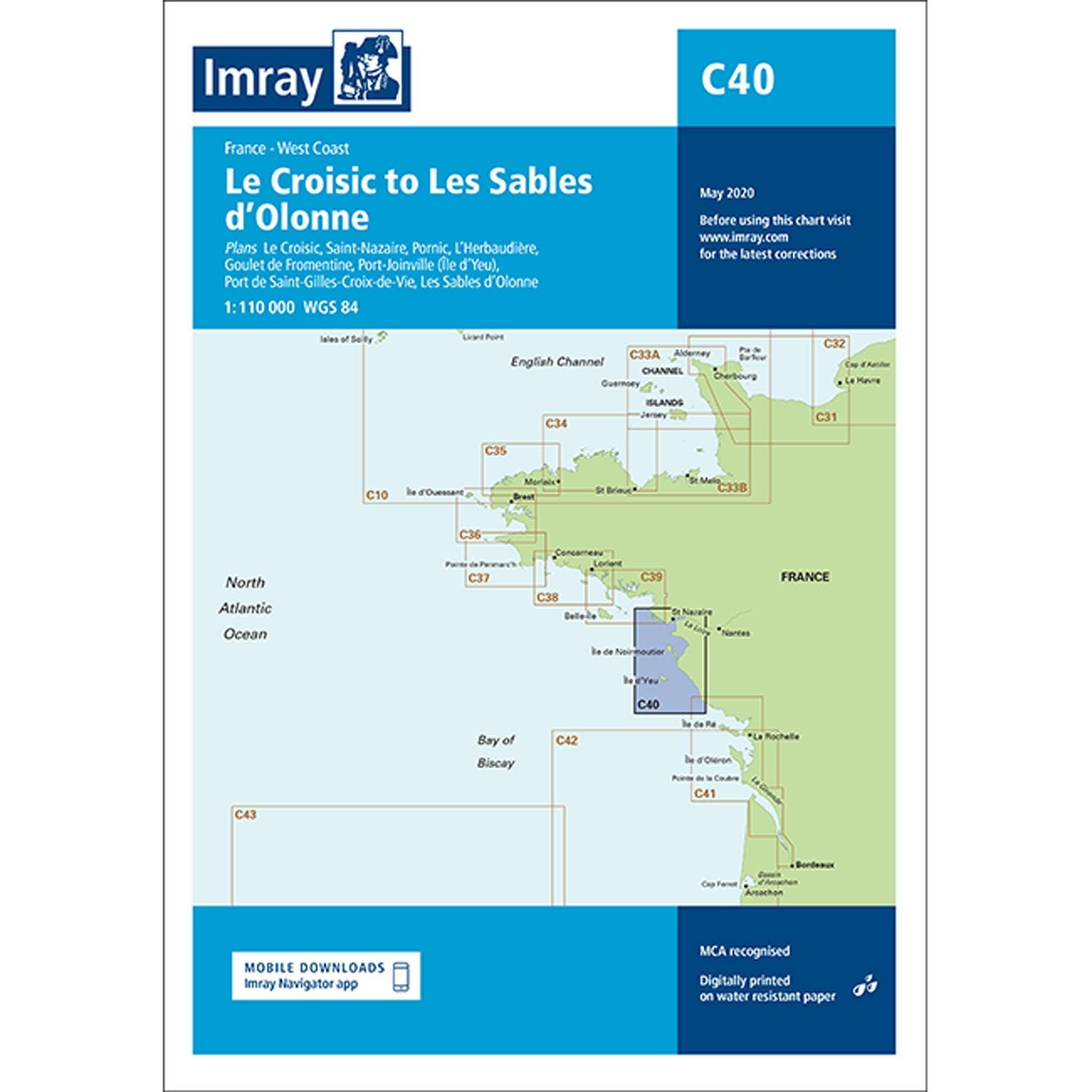 Imray Chart C40 Le Croisic to Les Sables d’Olonne Scale 1:110 000 WGS84.