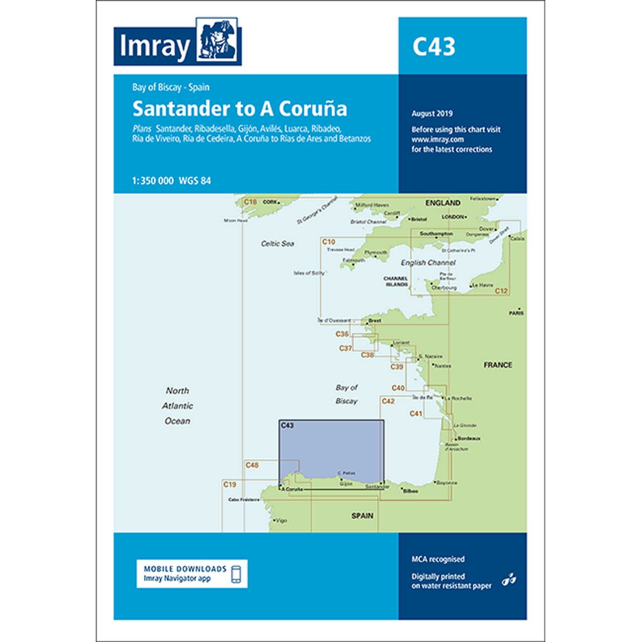 Imray Chart C43 Santander to A Coruña Scale 1:350 000 WGS84.