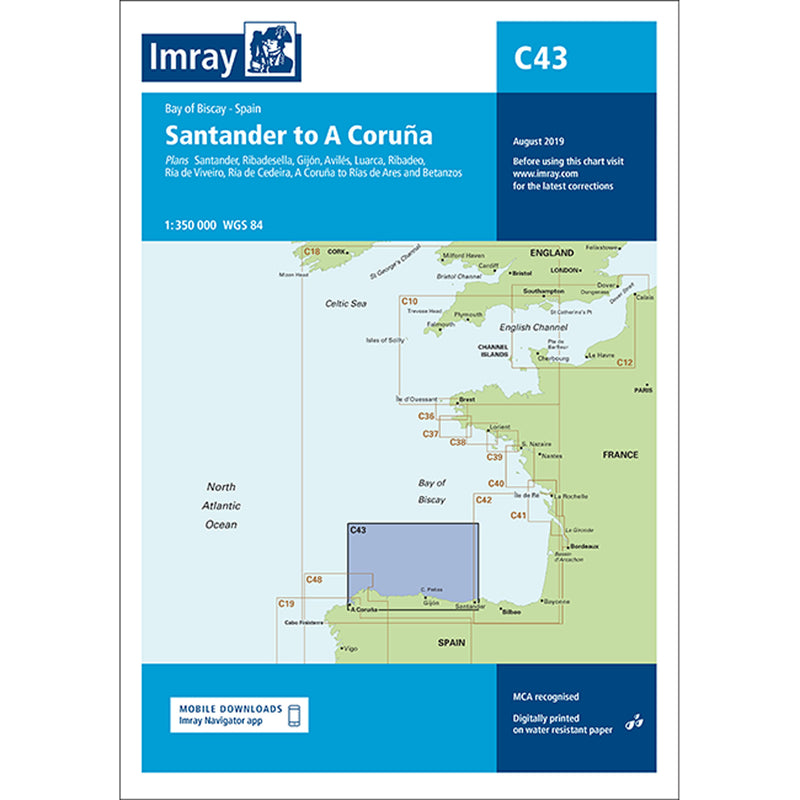 Imray Chart C43 Santander to A Coruña Scale 1:350 000 WGS84