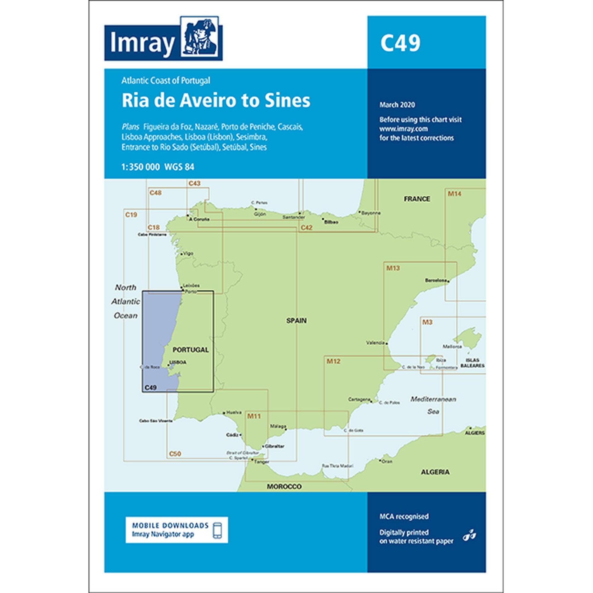 Imray Chart C49 Ria de Aveiro to Sines Scale 1:350 000 WGS84.