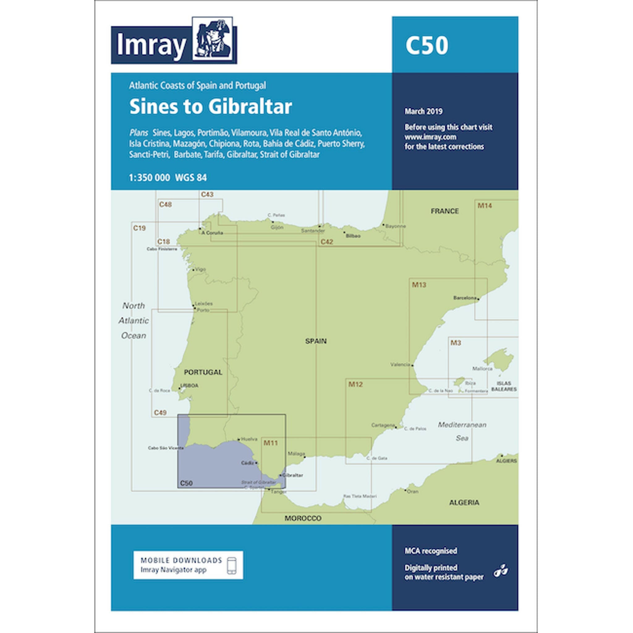 Imray Chart C50 Sines to Gibraltar Scale 1:350 000 WGS84.