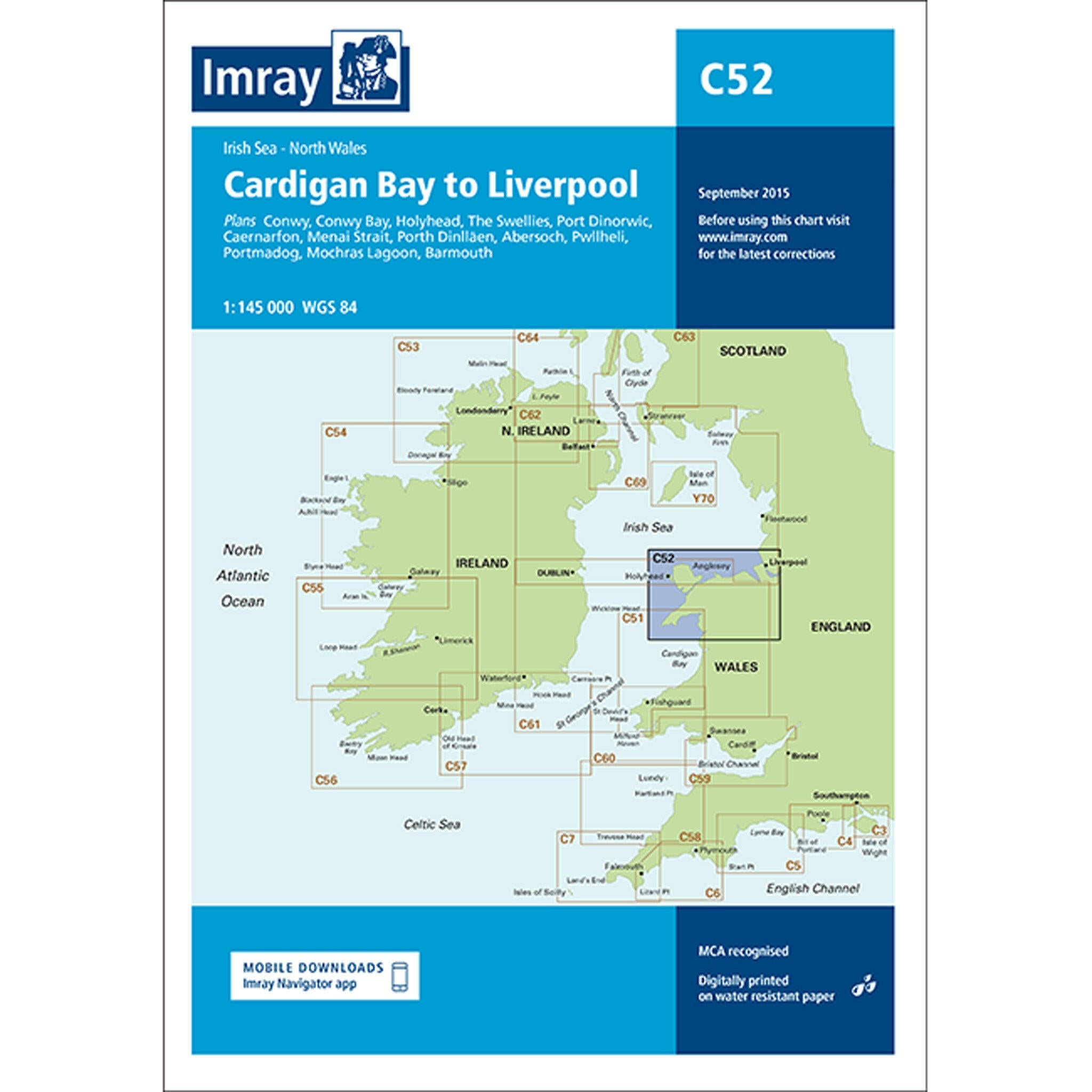 Imray Chart C52 Cardigan Bay to Liverpool Scale 1:145 000 WGS84.