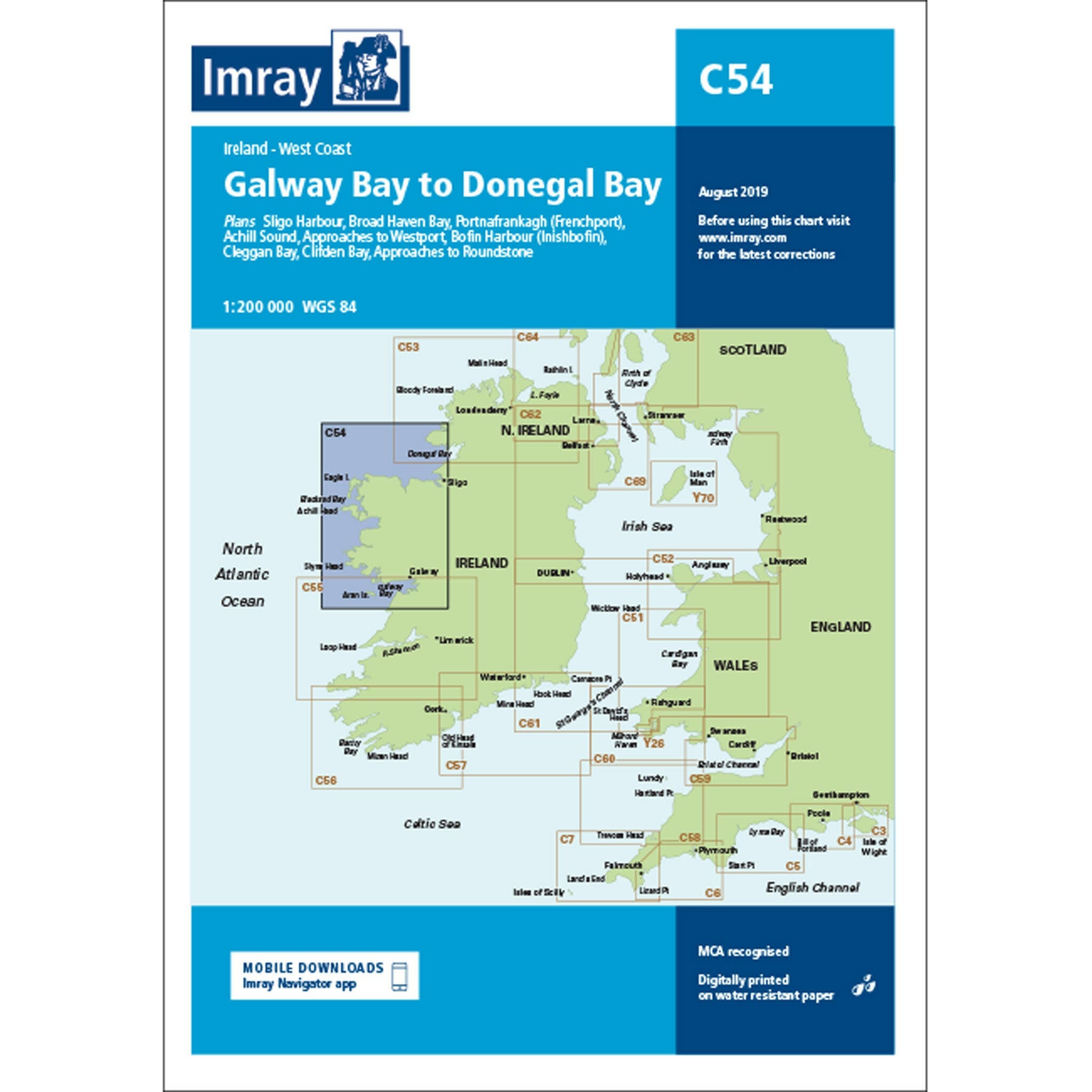 Imray Chart C54 Galway Bay to Donegal Bay Scale 1:200 000 WGS84.