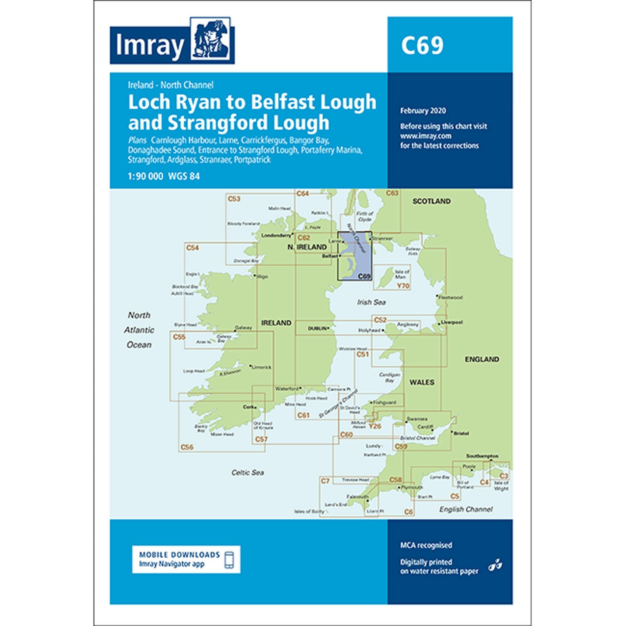 Imray Chart C69 Loch Ryan to Belfast Lough and Strangford Lough Scale 1:90 000 WGS84.