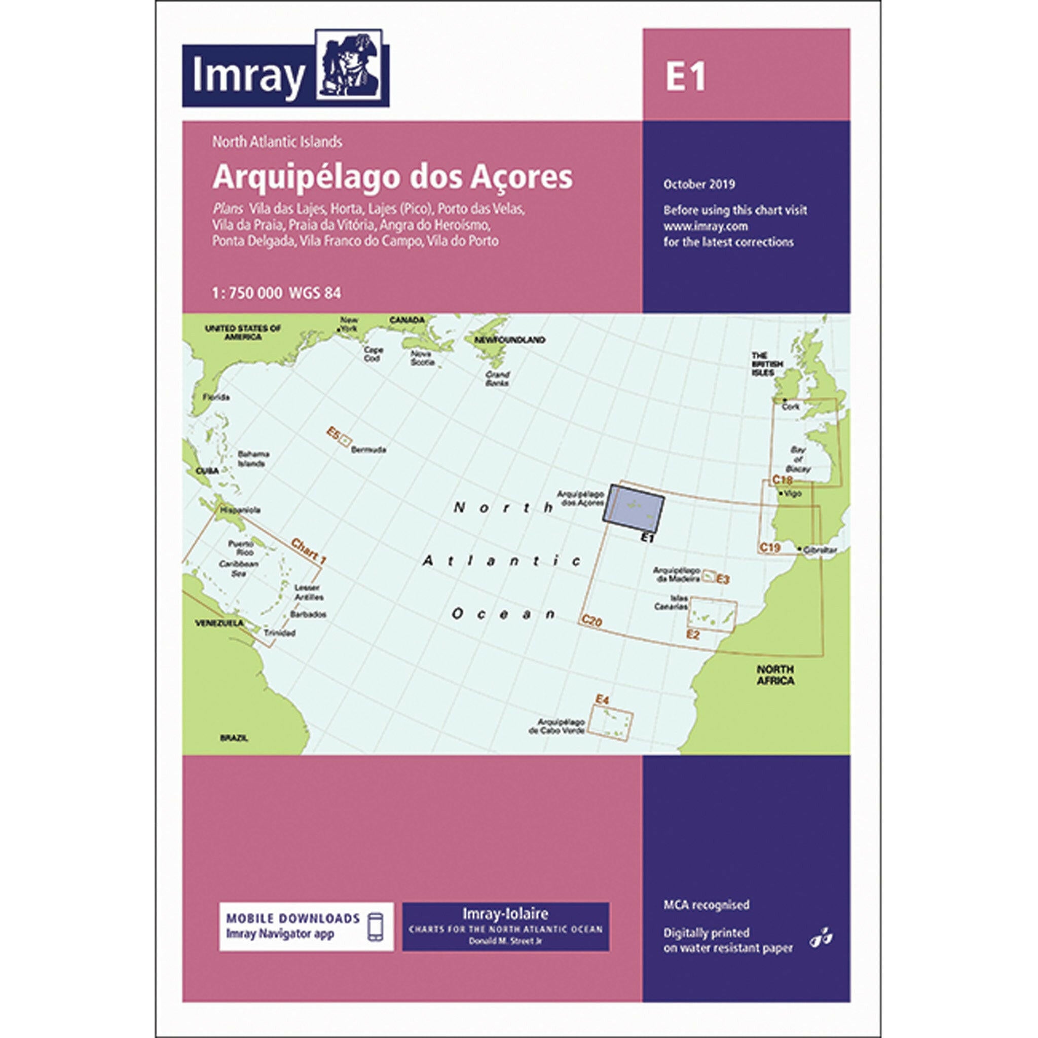 Imray Chart E1 Azores Archipeligo Scale 1:750 000 WGS84.